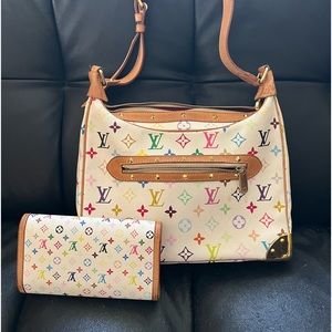 Authentic LV Louis Vuitton Boulogne White Monogram Multicolor Bag Purse + Wallet